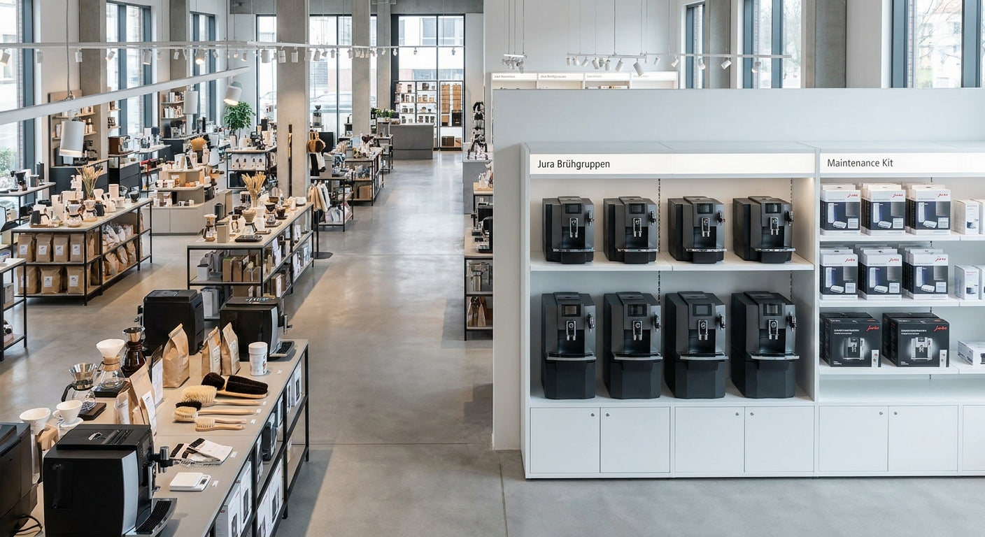 Übersicht über Online-Shops zum Kaffeezubehör kaufen, mit Fokus auf Jura Brühgruppe kaufen und spezialisierte Angebote
